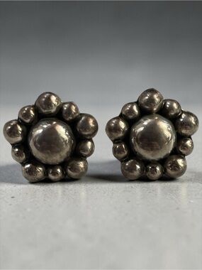 Vintage Mexican Sterling Domed Flower Stud Earrings
